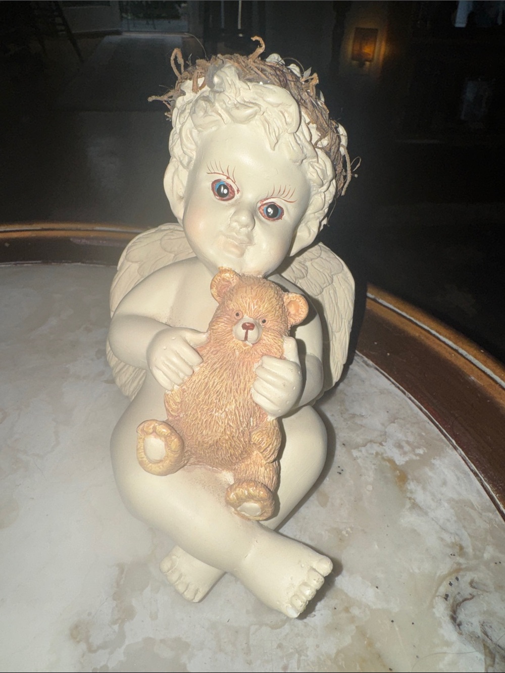 Musical Cream Cherub Figurine Holding Brown Teddy” Can’t Help Falling in Love”